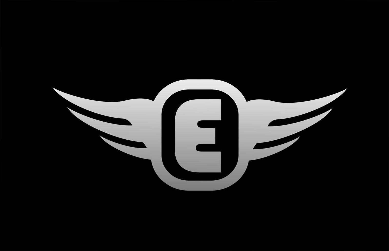 E alphabet letter logo for business and company with wings and black and white grey color. Corporate brading and lettering icon with simple design vector