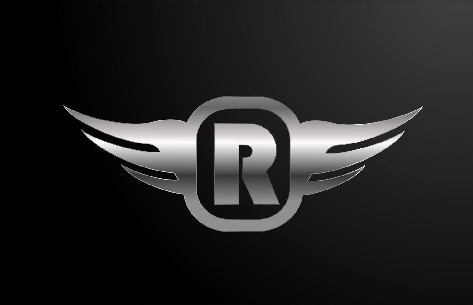 Alfabeto del logotipo de letra r para negocios y empresa con alas y color plateado. rotulación corporativa y brading con icono de diseño de metal vector