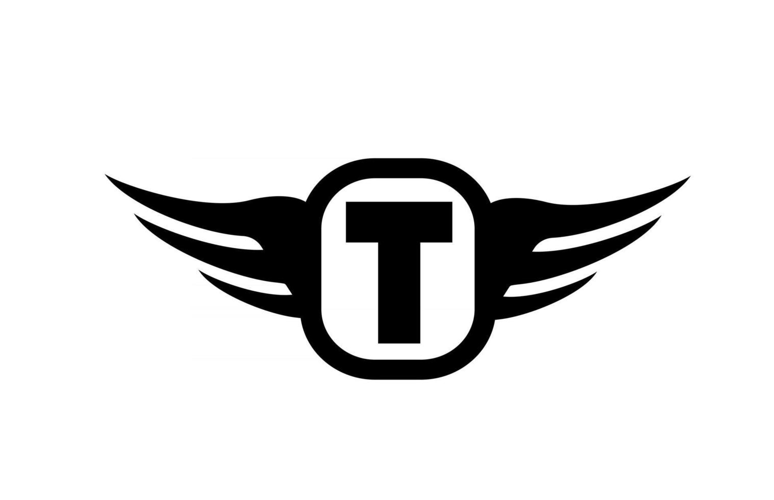 Logo de letra del alfabeto t para negocios y empresa con alas y color blanco y negro. icono de rotulación y marca corporativa con diseño simple vector