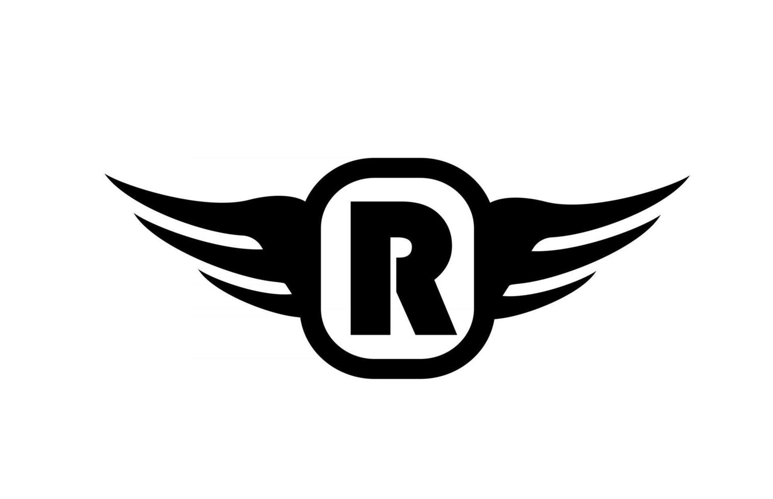Logo de letra del alfabeto r para negocios y empresa con alas y color blanco y negro. icono de rotulación y marca corporativa con diseño simple vector