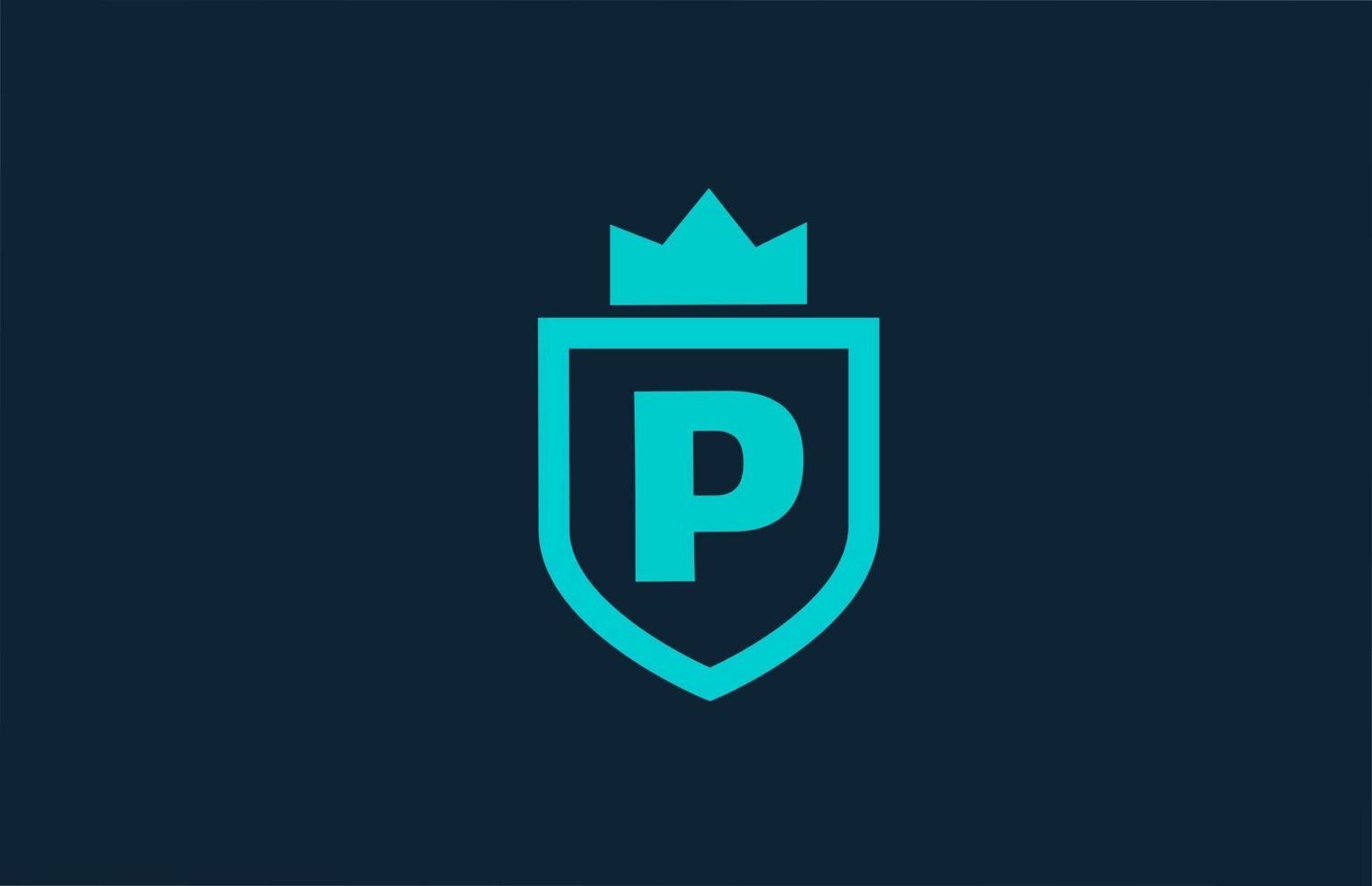 P logotipo de icono de alfabeto de escudo azul para empresa con letra. diseño creativo para empresas y negocios con corona de rey. vector