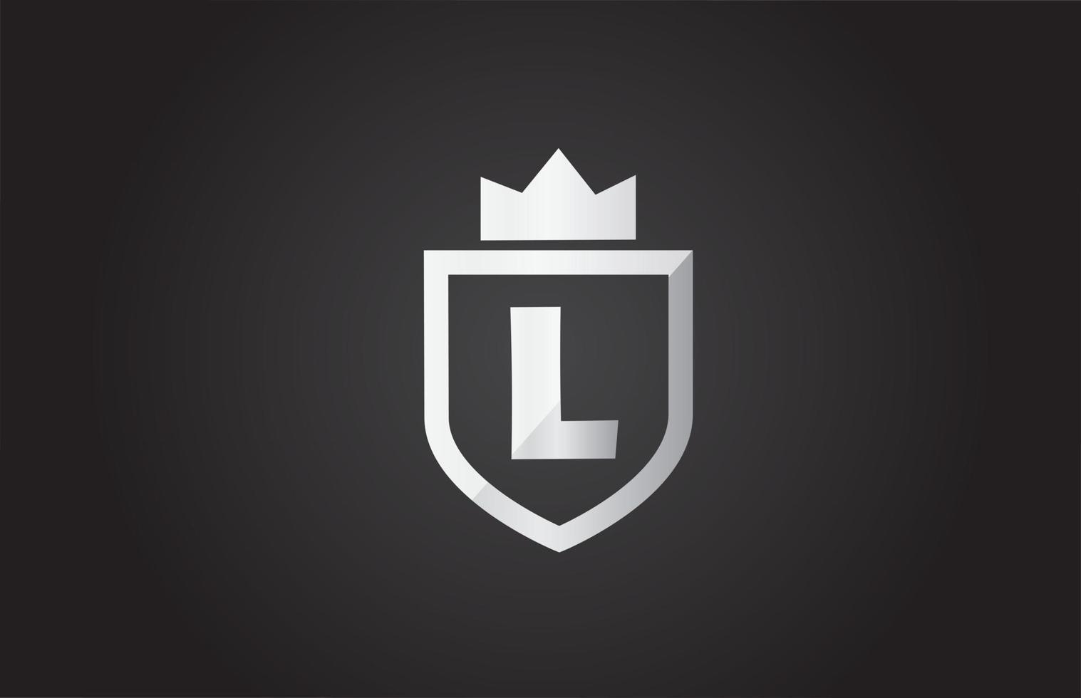 L icono del logotipo de la letra del alfabeto en color gris y negro. Diseño de escudo para la identidad de la empresa con corona de rey. vector