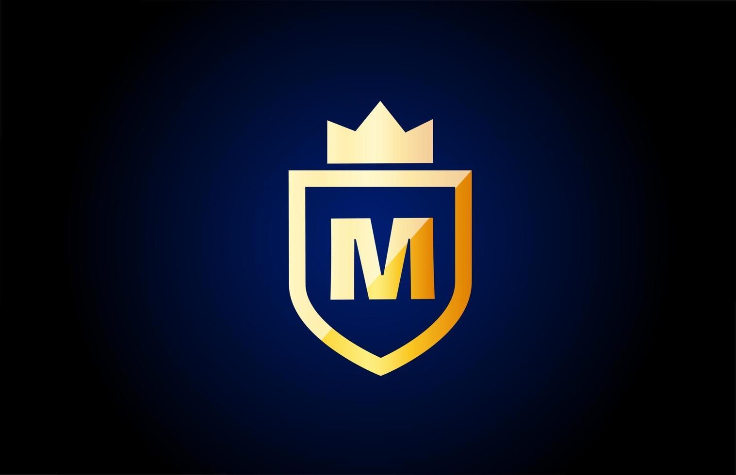 oro m alfabeto letra logo icono. Diseño de identidad empresarial y empresarial con escudo y corona de rey. vector