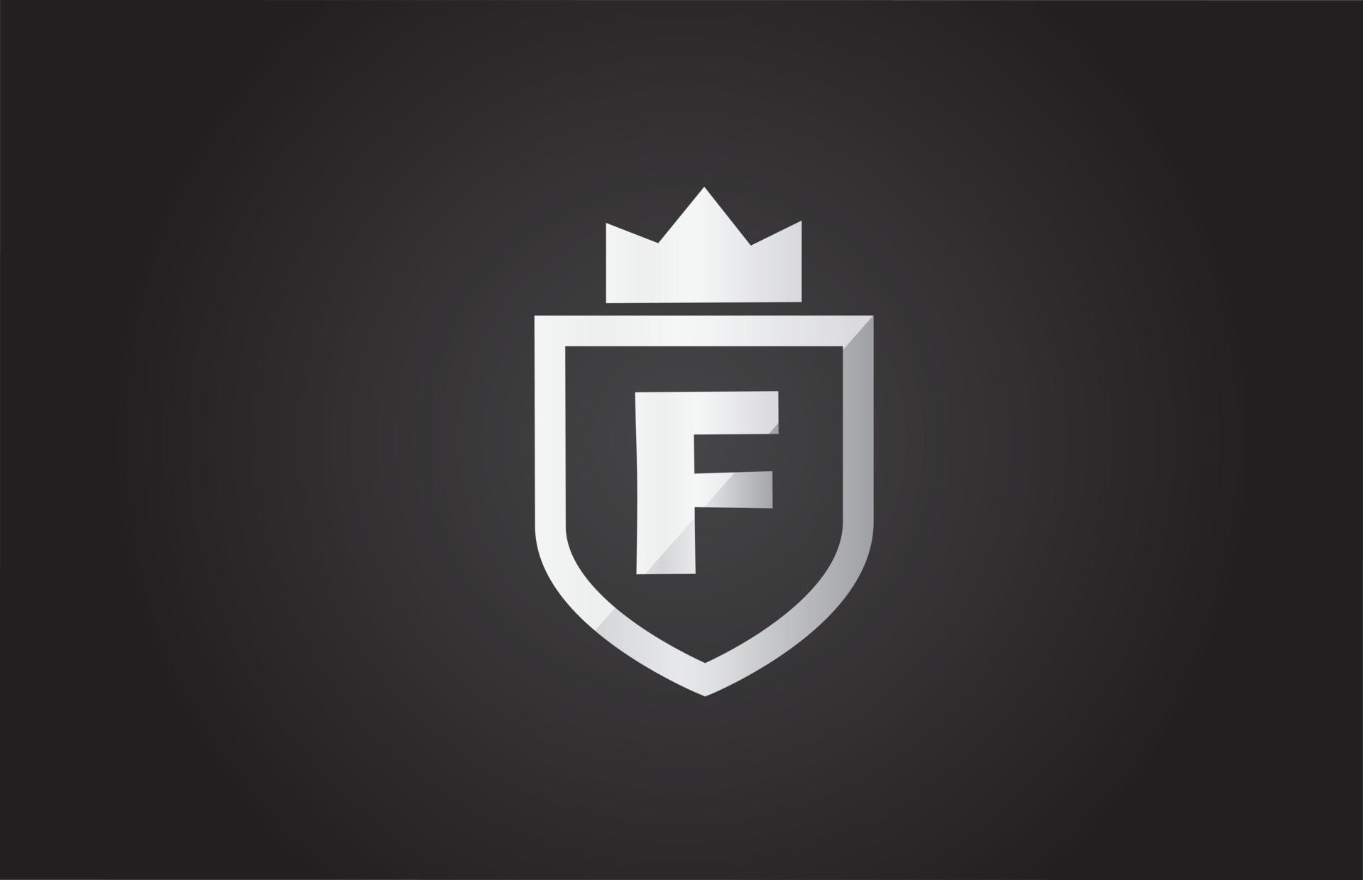 F alphabet letter logo icon in grey and black color. Shield design for