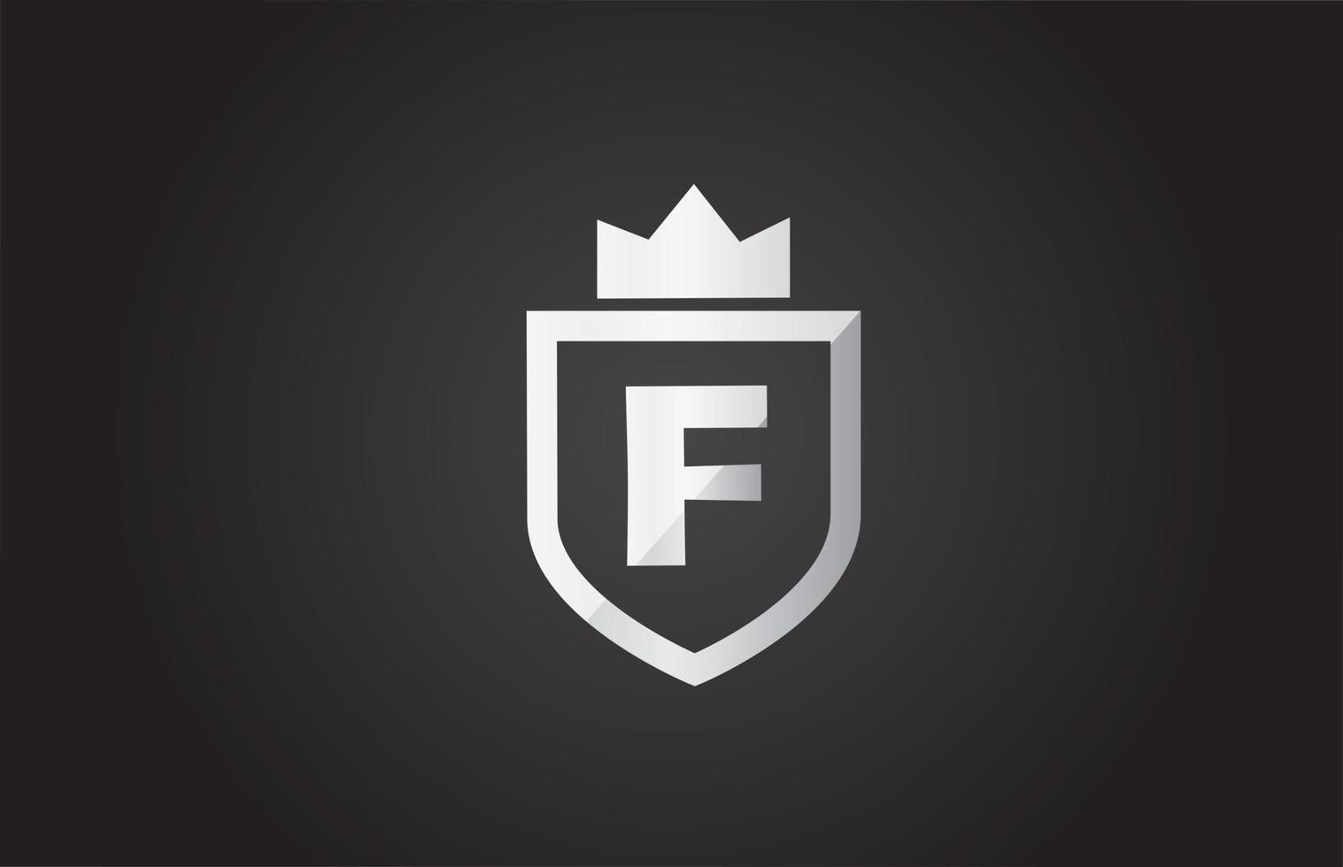 F icono del logotipo de la letra del alfabeto en color gris y negro. Diseño de escudo para la identidad de la empresa con corona de rey. vector