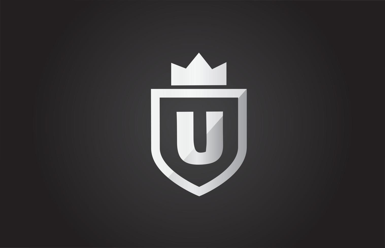 U icono de logotipo de letra del alfabeto en color gris y negro. Diseño de escudo para la identidad de la empresa con corona de rey. vector