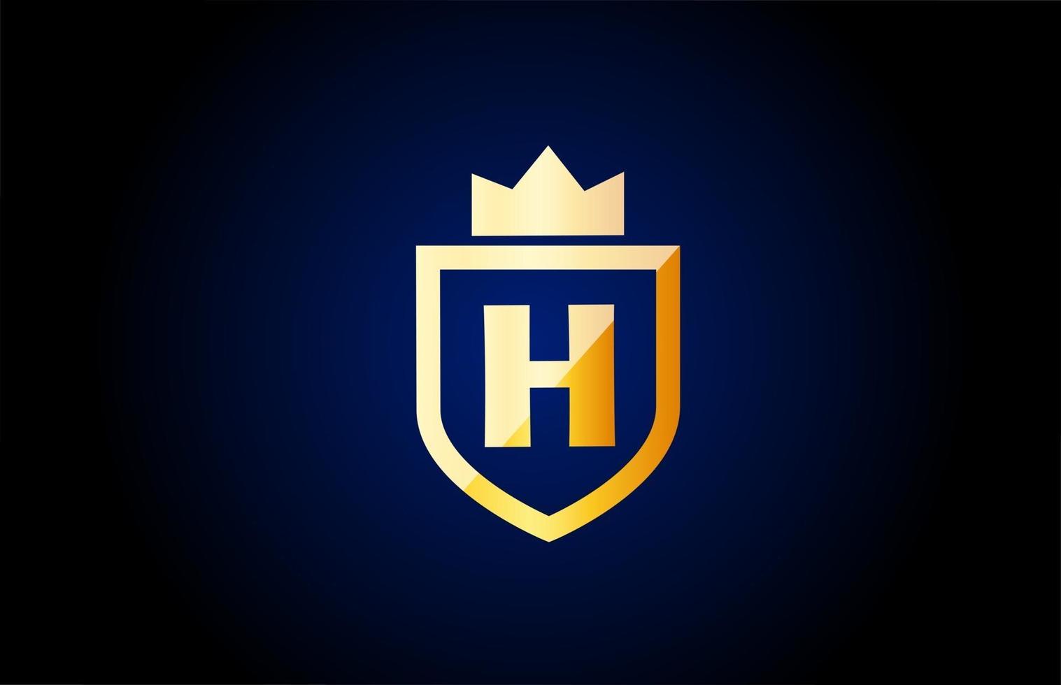 oro h alfabeto letra logo icono. Diseño de identidad empresarial y empresarial con escudo y corona de rey. vector