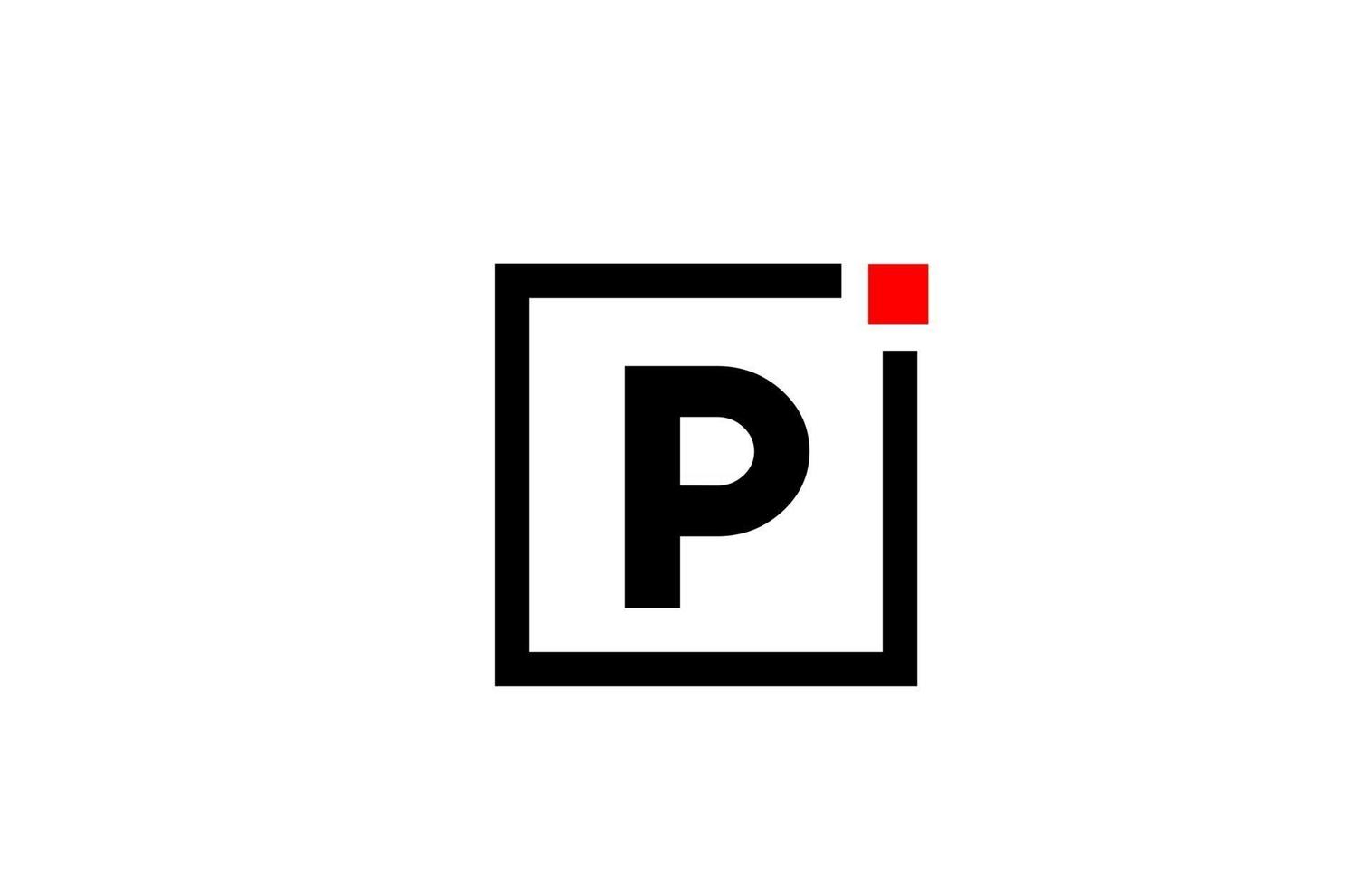 P alphabet letter logo icon in black and white. Company and business design with square and red dot. Creative corporate identity template vector