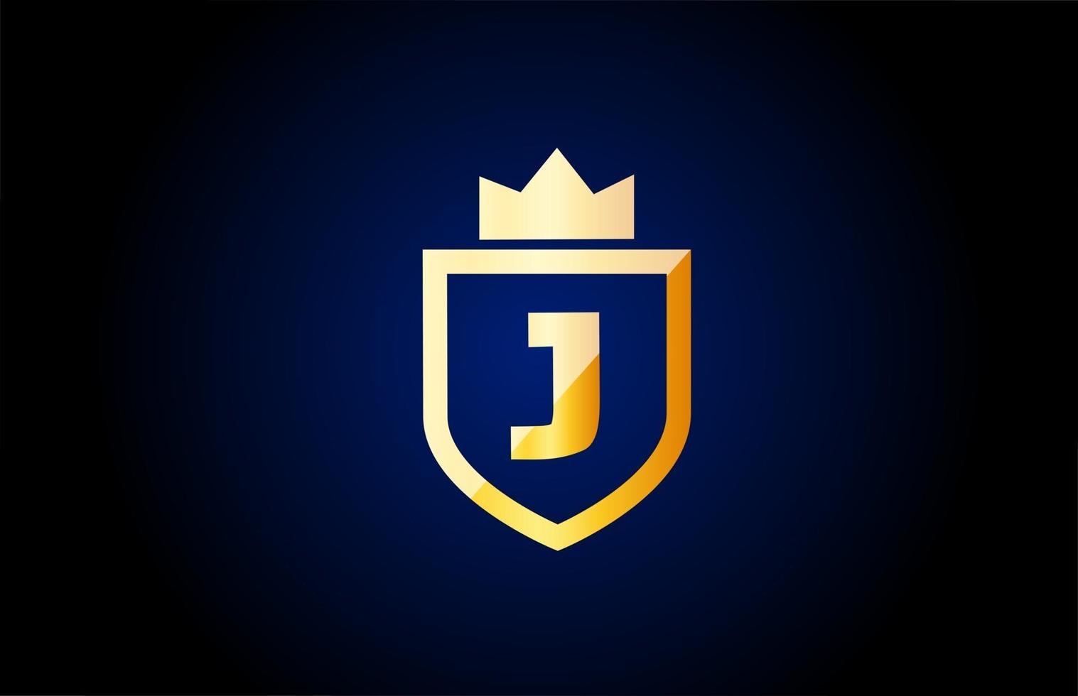 gold J alphabet letter logo icon. Design for business and company identity with shield and king crown vector