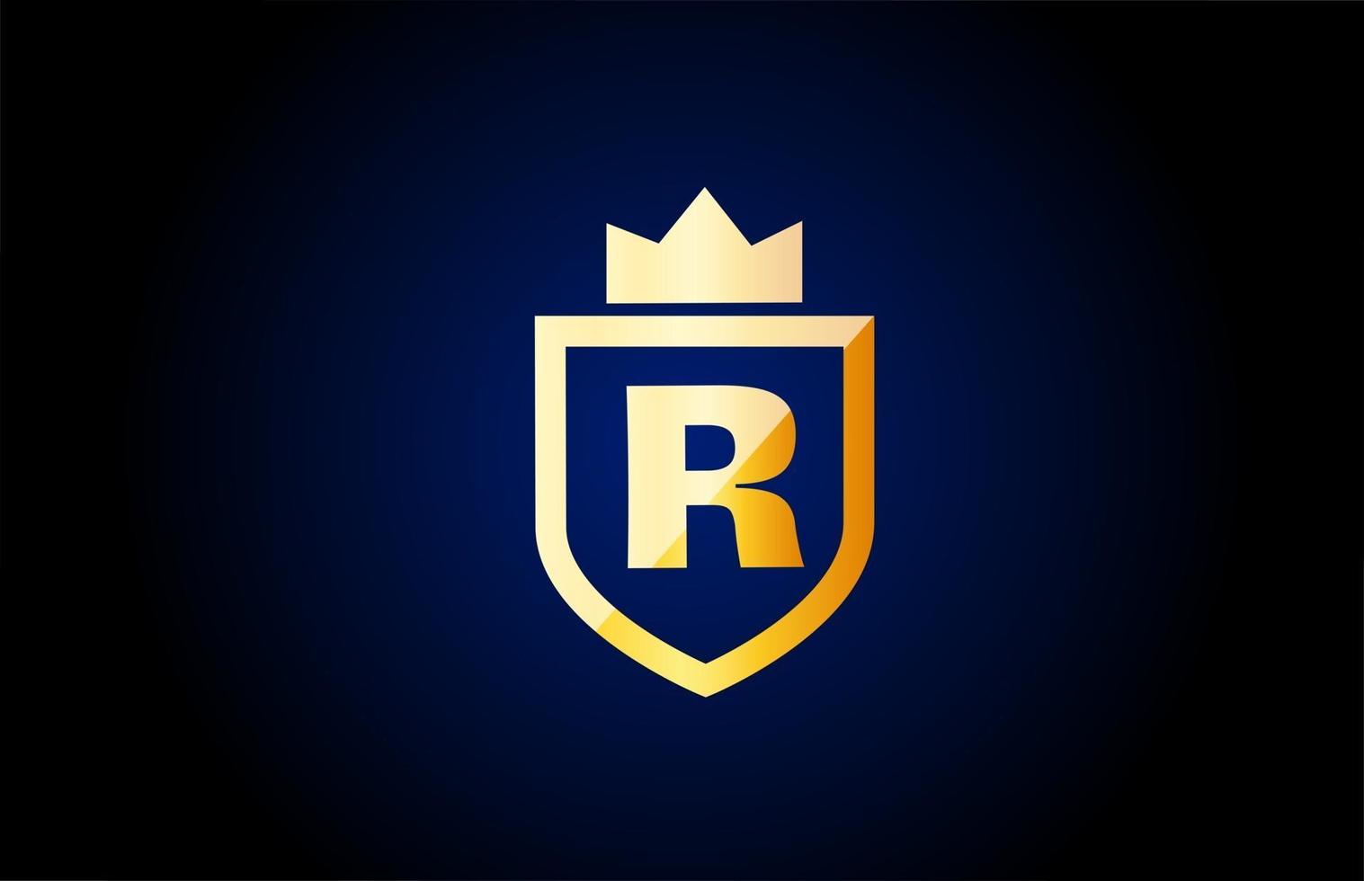 gold R alphabet letter logo icon. Design for business and company identity with shield and king crown vector