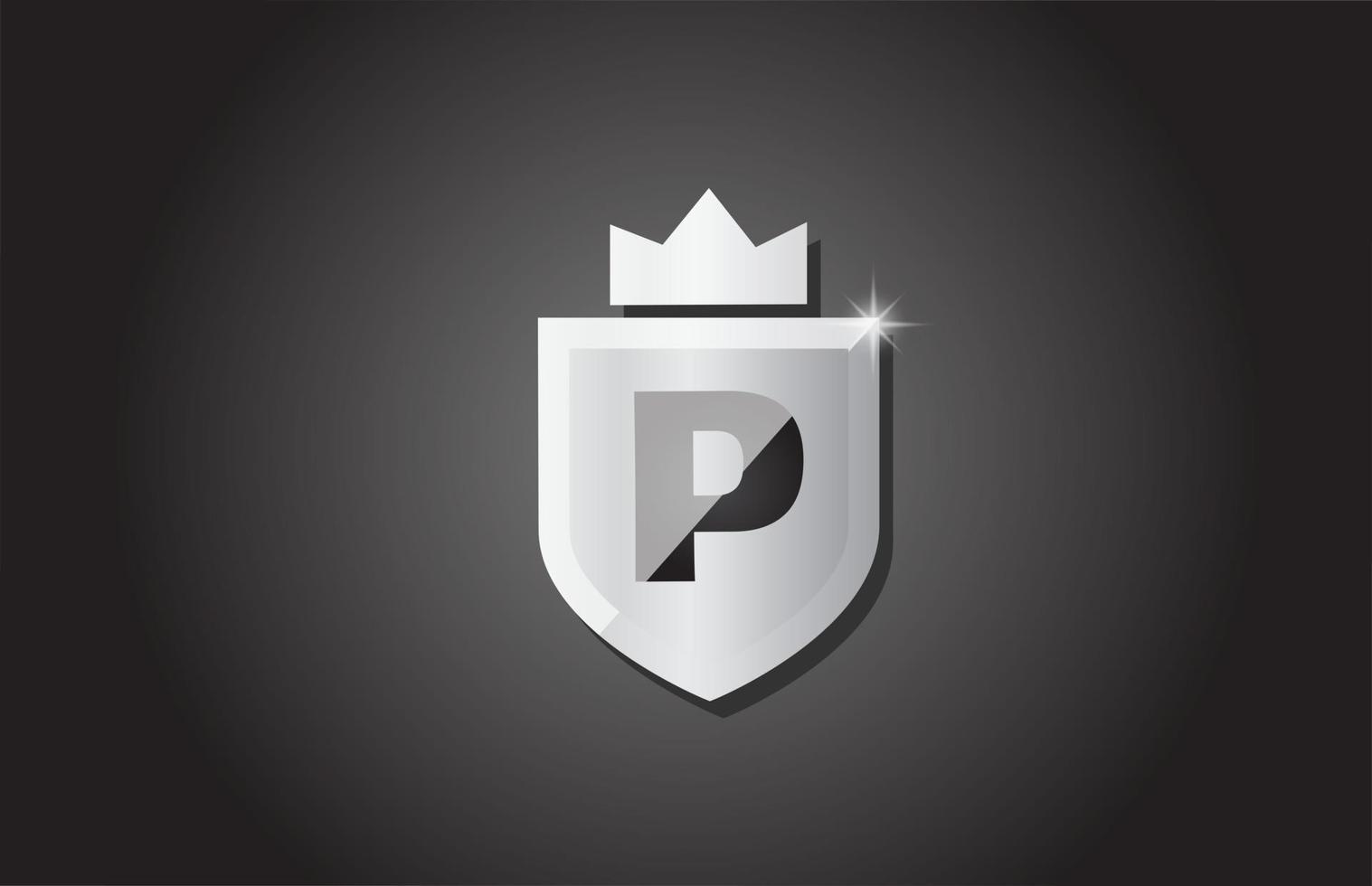 Logotipo creativo del icono de la letra del alfabeto del escudo p en color gris. diseño de negocios corporativos para la identidad de la plantilla de la empresa con corona de rey y chispa de luz vector