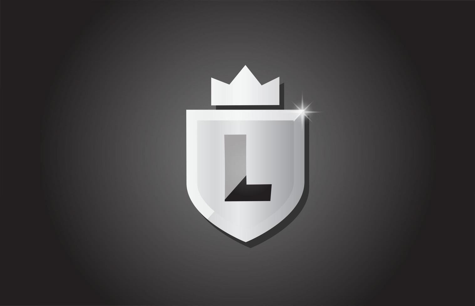 Creative shield L alphabet letter icon logo in grey color. Corporate business design for company template identity with king crown and light spark vector