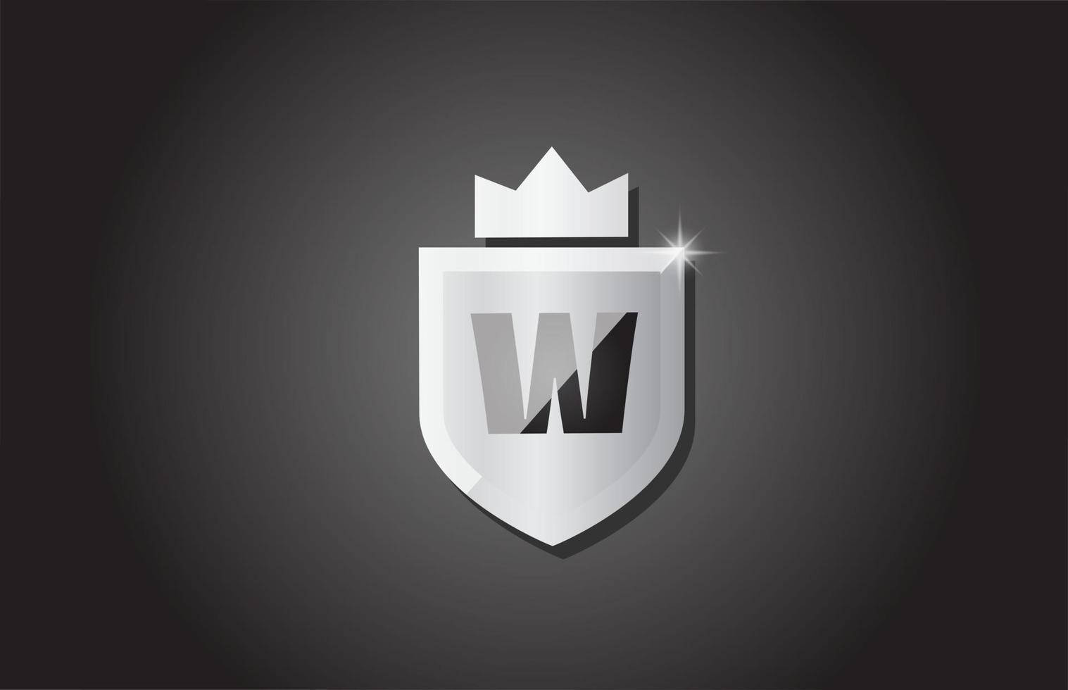 Creative shield W alphabet letter icon logo in grey color. Corporate business design for company template identity with king crown and light spark vector