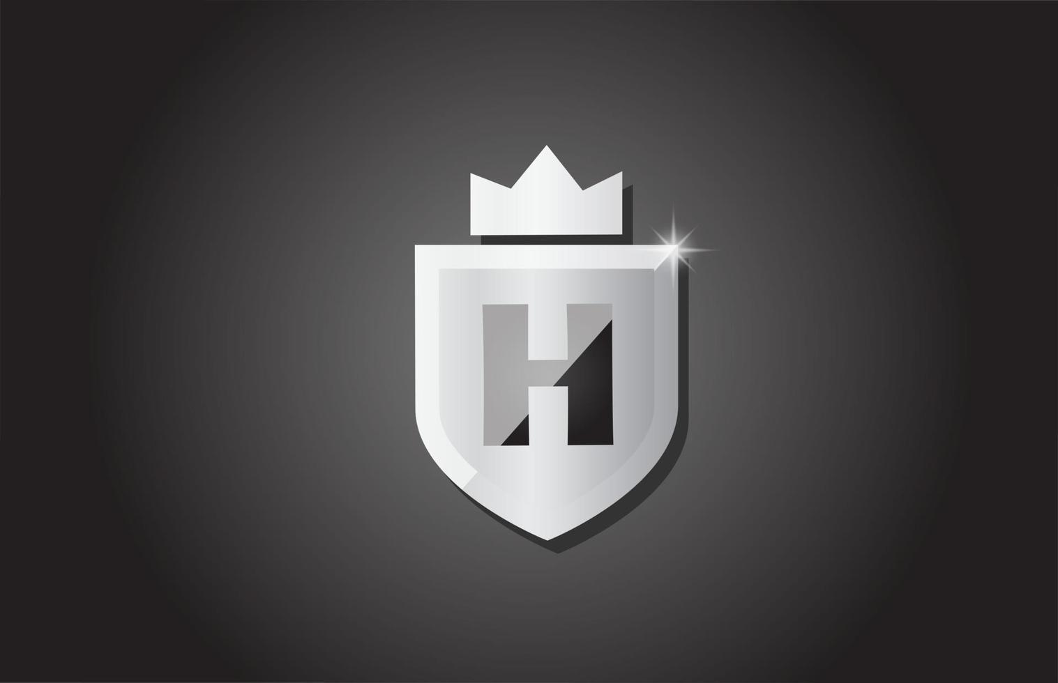 Logotipo creativo del icono de la letra del alfabeto del escudo h en color gris. diseño de negocios corporativos para la identidad de la plantilla de la empresa con corona de rey y chispa de luz vector