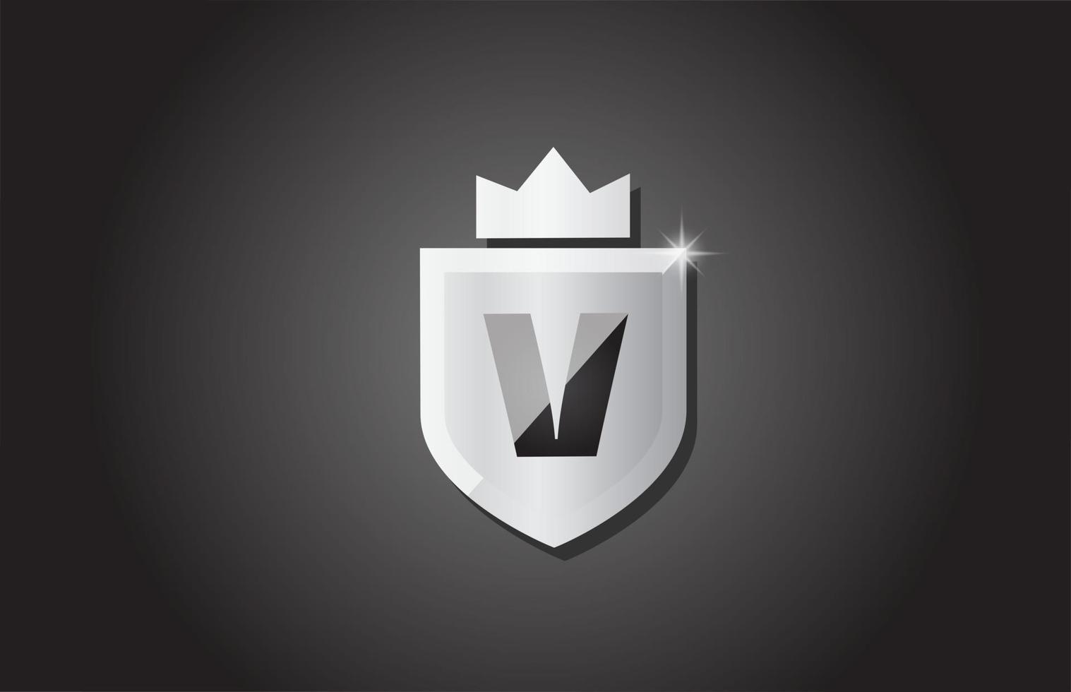 Logotipo creativo del icono de la letra del alfabeto del escudo v en color gris. diseño de negocios corporativos para la identidad de la plantilla de la empresa con corona de rey y chispa de luz vector