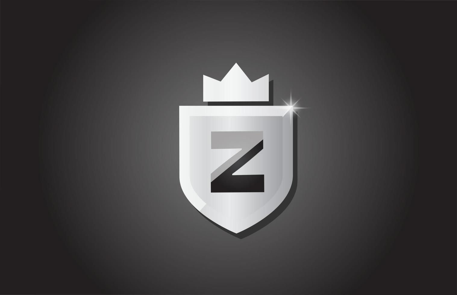Logotipo creativo del icono de la letra del alfabeto del escudo z en color gris. diseño de negocios corporativos para la identidad de la plantilla de la empresa con corona de rey y chispa de luz vector