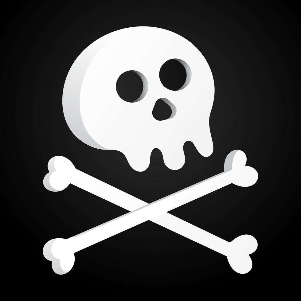 Simple flat style design skull with crossed bones icon sign vector illustration isolated on black background Human part head Jolly Roger pirate flag symbol or halloween element of scary decoration