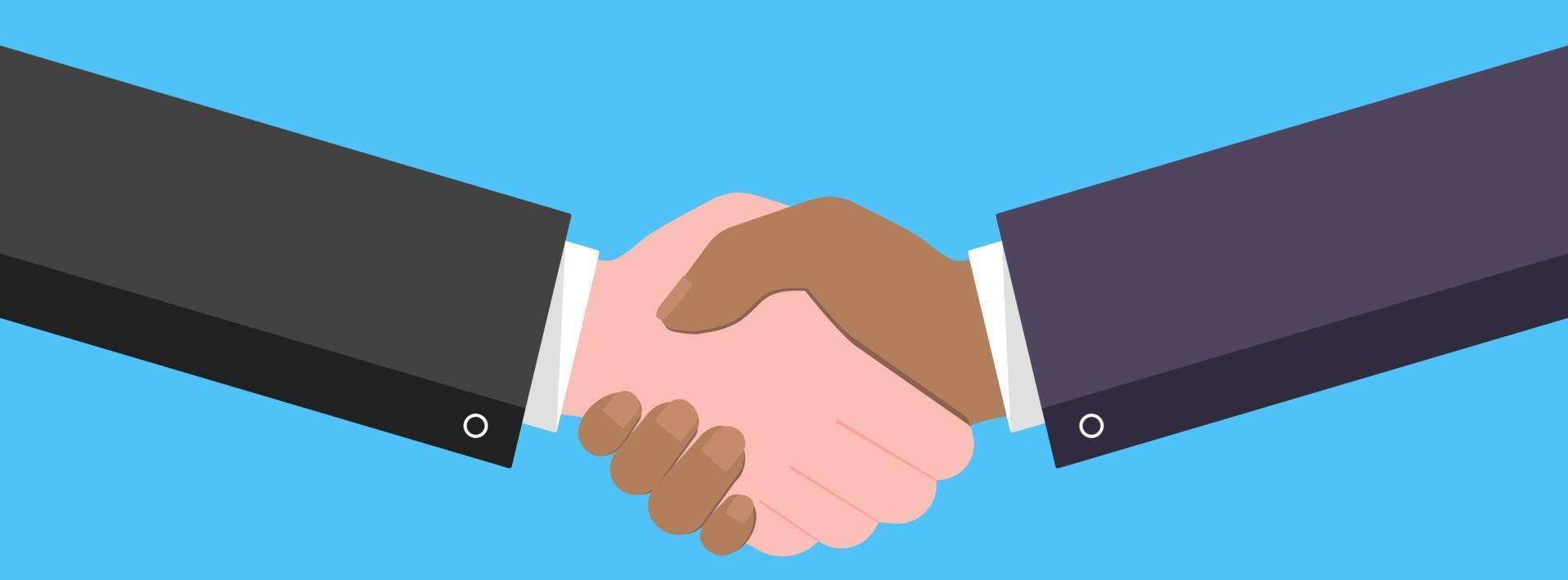 Businessmen shaking hands flat style design vector illustration Success deal partnership greeting handshaking agreement isolated on light blue background