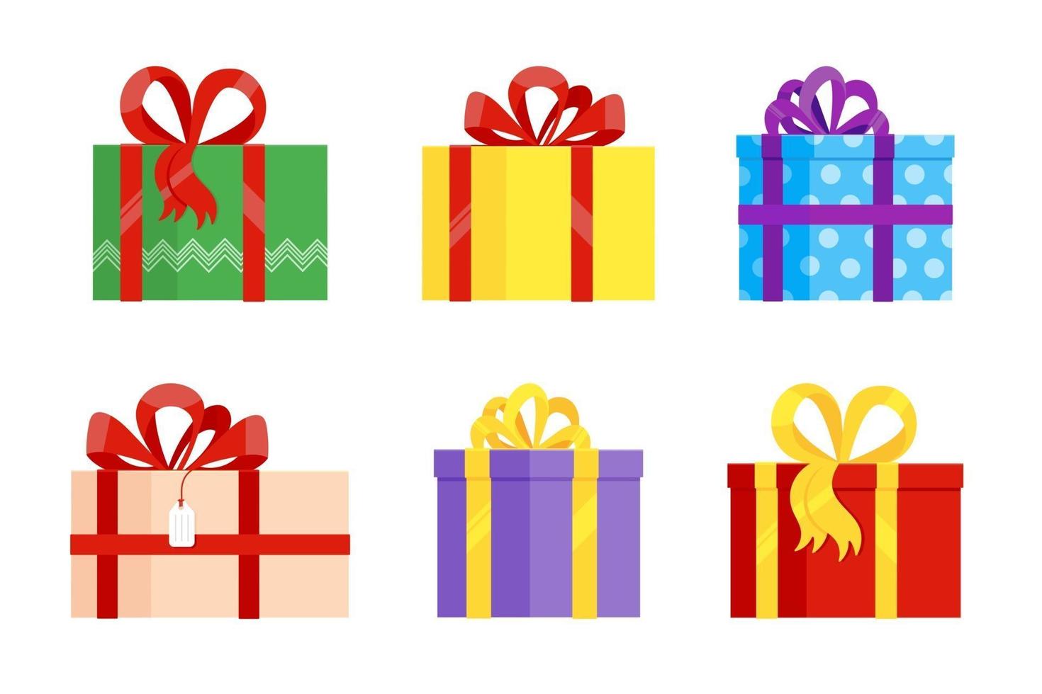 Set of various gift boxes with big ribbon and bow on it flat style design vector