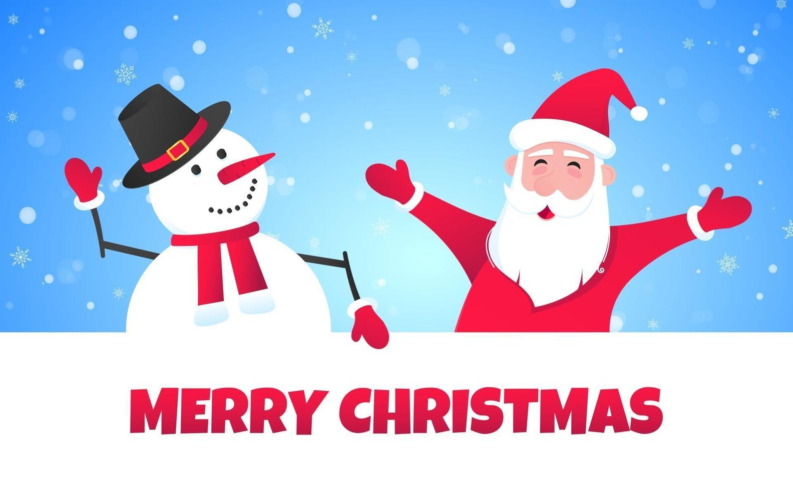 Santa Claus and snowman flat style design vector illustration postcard.