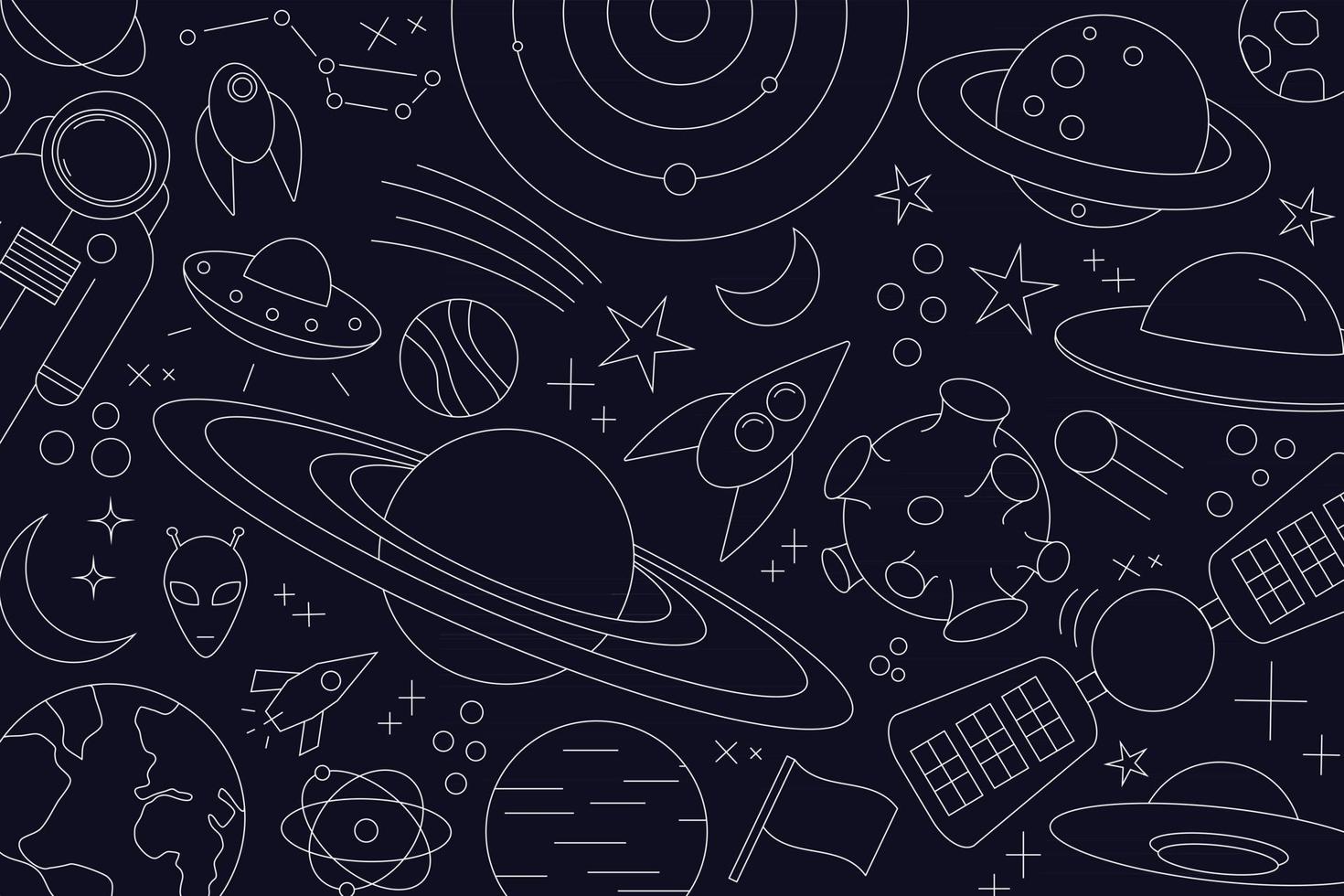 Modern pattern of planet star comet with different rockets Universe line drawings Cosmos vector