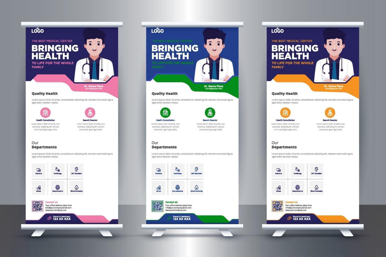 diseño de banner enrollable médico gratuito para hospitales y atención médica vector