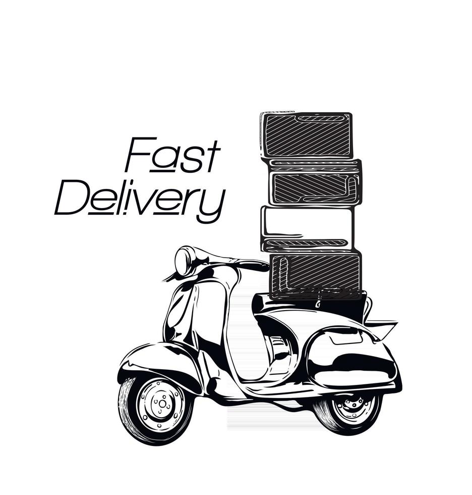 Fast and delivery. Vector illustration. Vintage style. Food service. Retro bike.