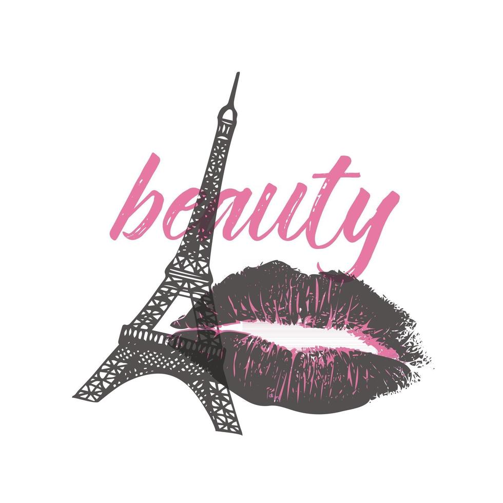 Fashion illustration with imprint of lips and Eiffel tower. vector