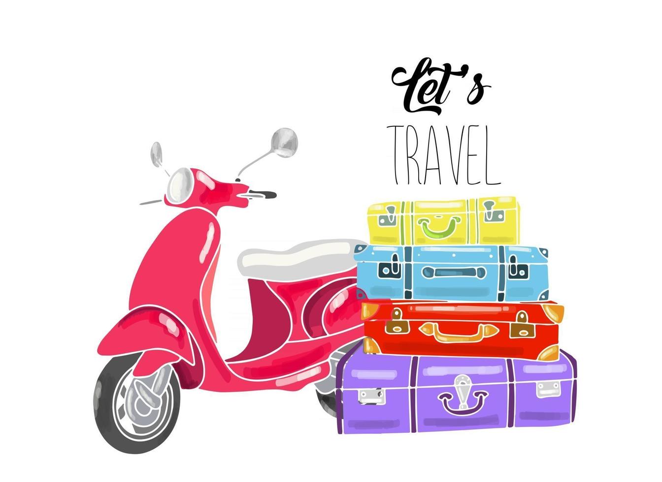 Hand drawn vector illustration - Let's travel. Suitcases and scooter.
