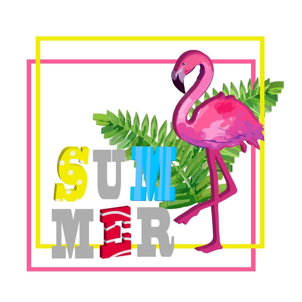 composición de verano creativa con flamencos y hojas tropicales. vector
