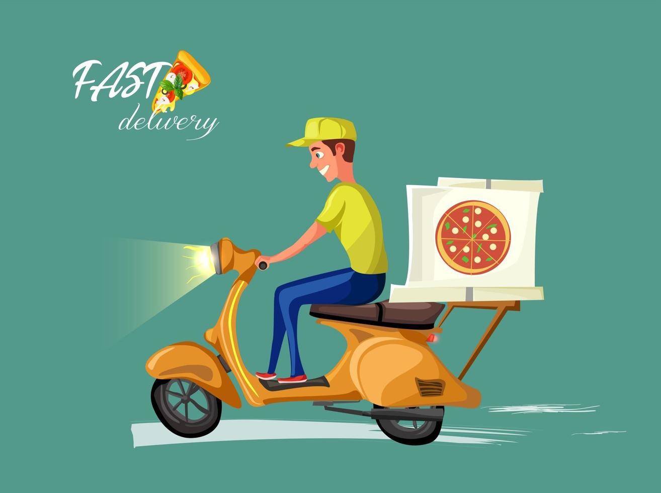 Entrega rápida y gratuita. ilustración de dibujos animados de vector. servicio de comida. scooter retro. vector