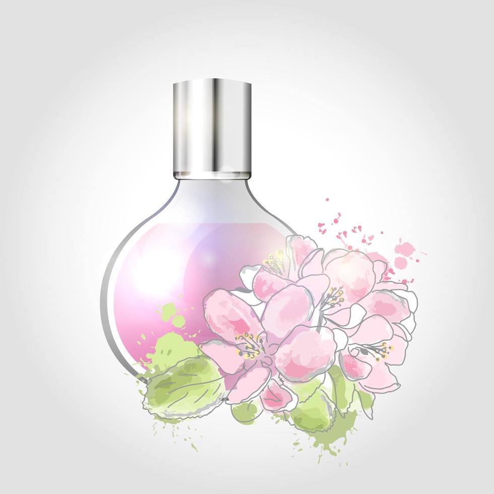 Ilustración vectorial de un perfume de estilo realista en una botella de vidrio y flores. vector