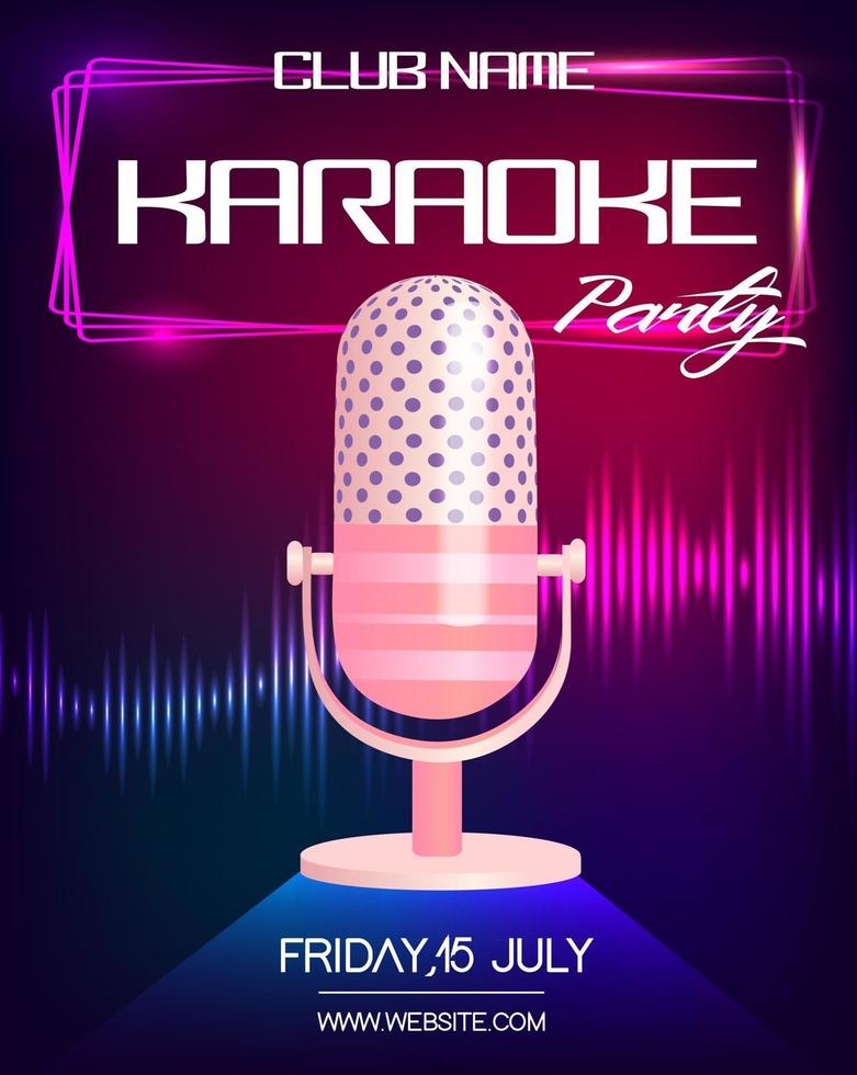 Karaoke party invitation poster design template. Neon glowing flyer with vintage microphone. vector