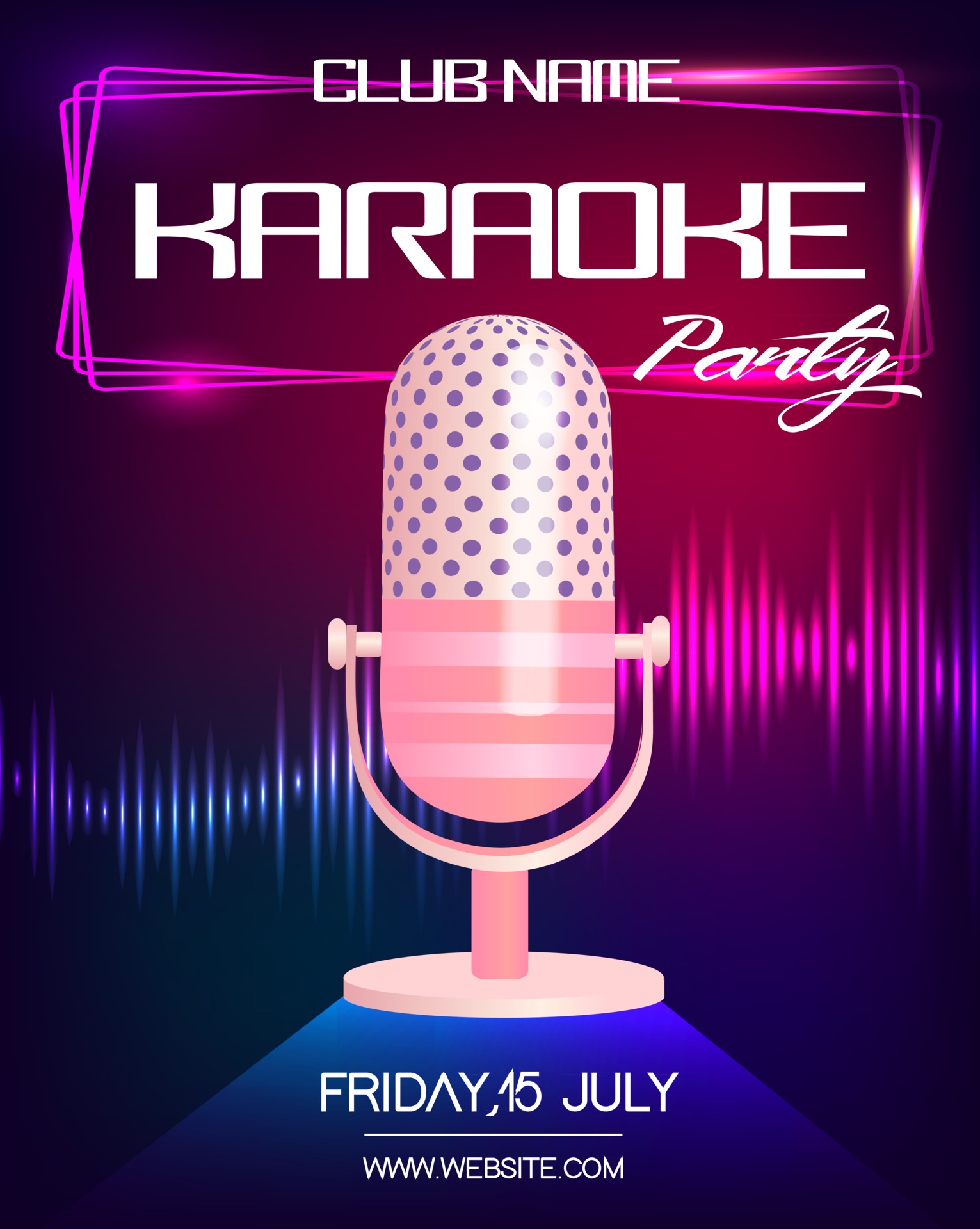 Karaoke party invitation poster design template. Neon glowing flyer