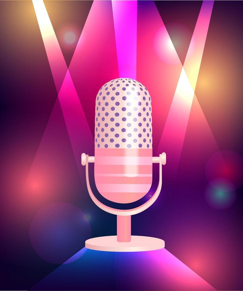 Neon glowing background with vintage microphone. vector