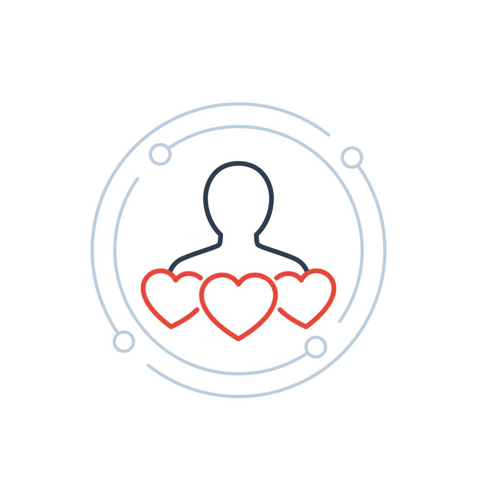 customer retention, client satisfaction icon with hearts, line vector