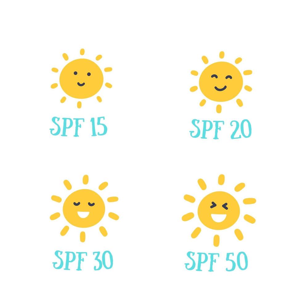 protección uv, spf 15, 20, 30, 50 con emoji de sol, ilustración vectorial vector