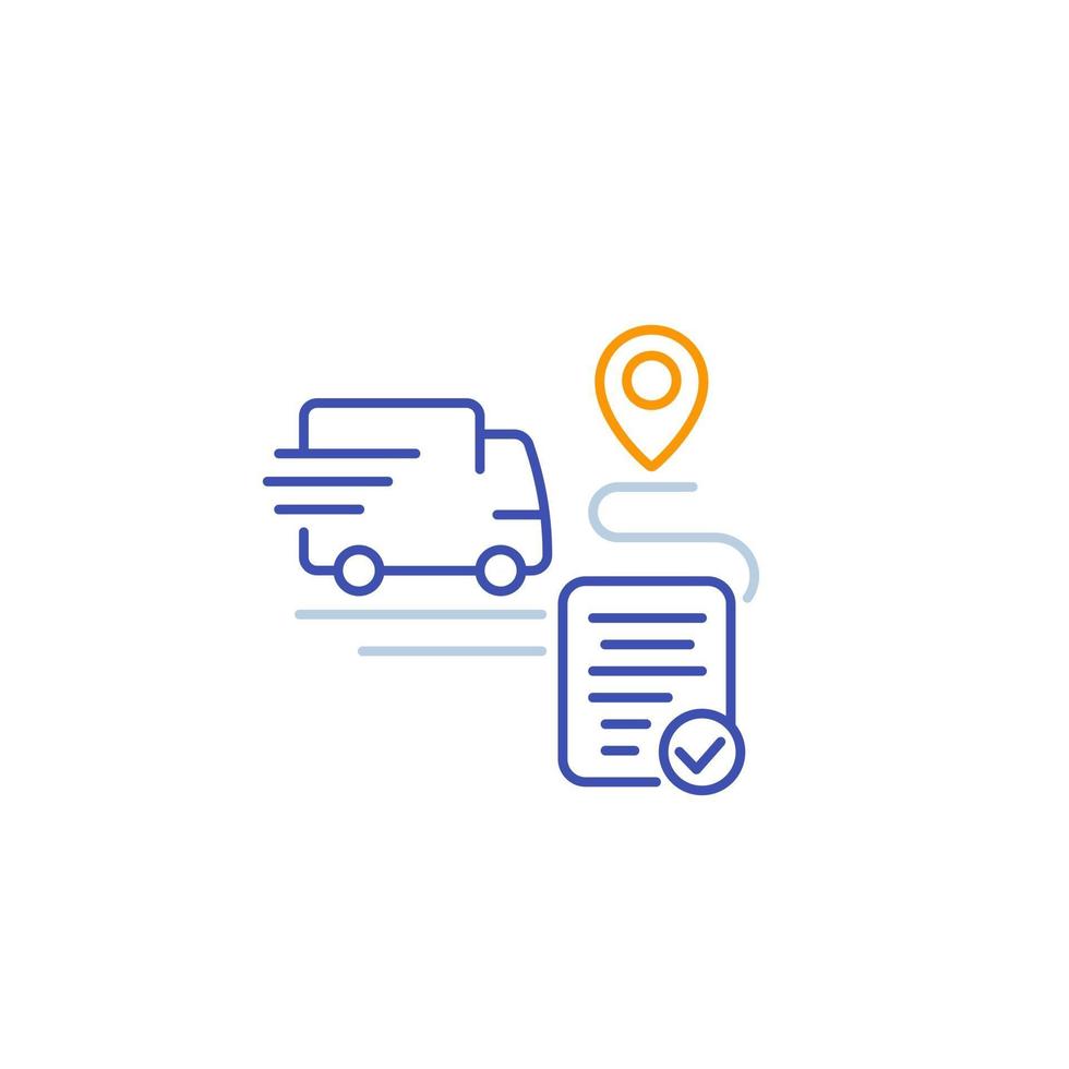 delivery service icon, transport van and destination point, linear vector