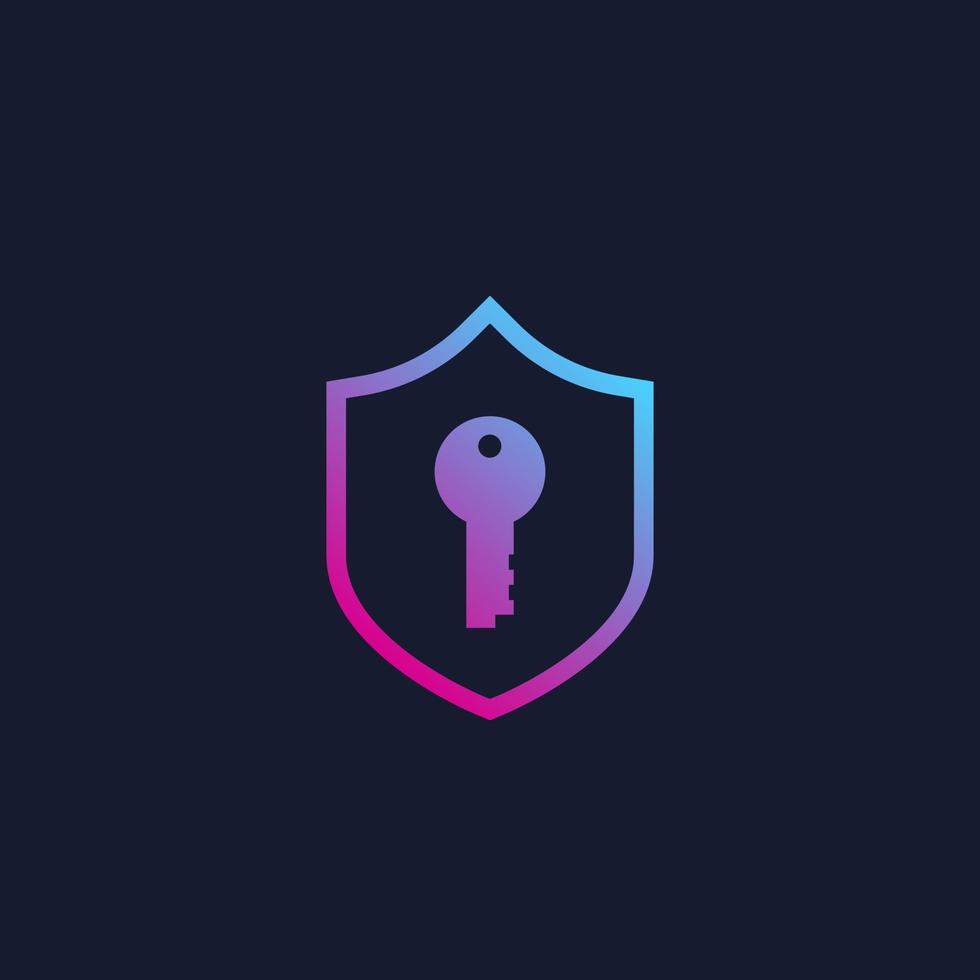 Cybersecurity, access and data protection, shield and key vector icon