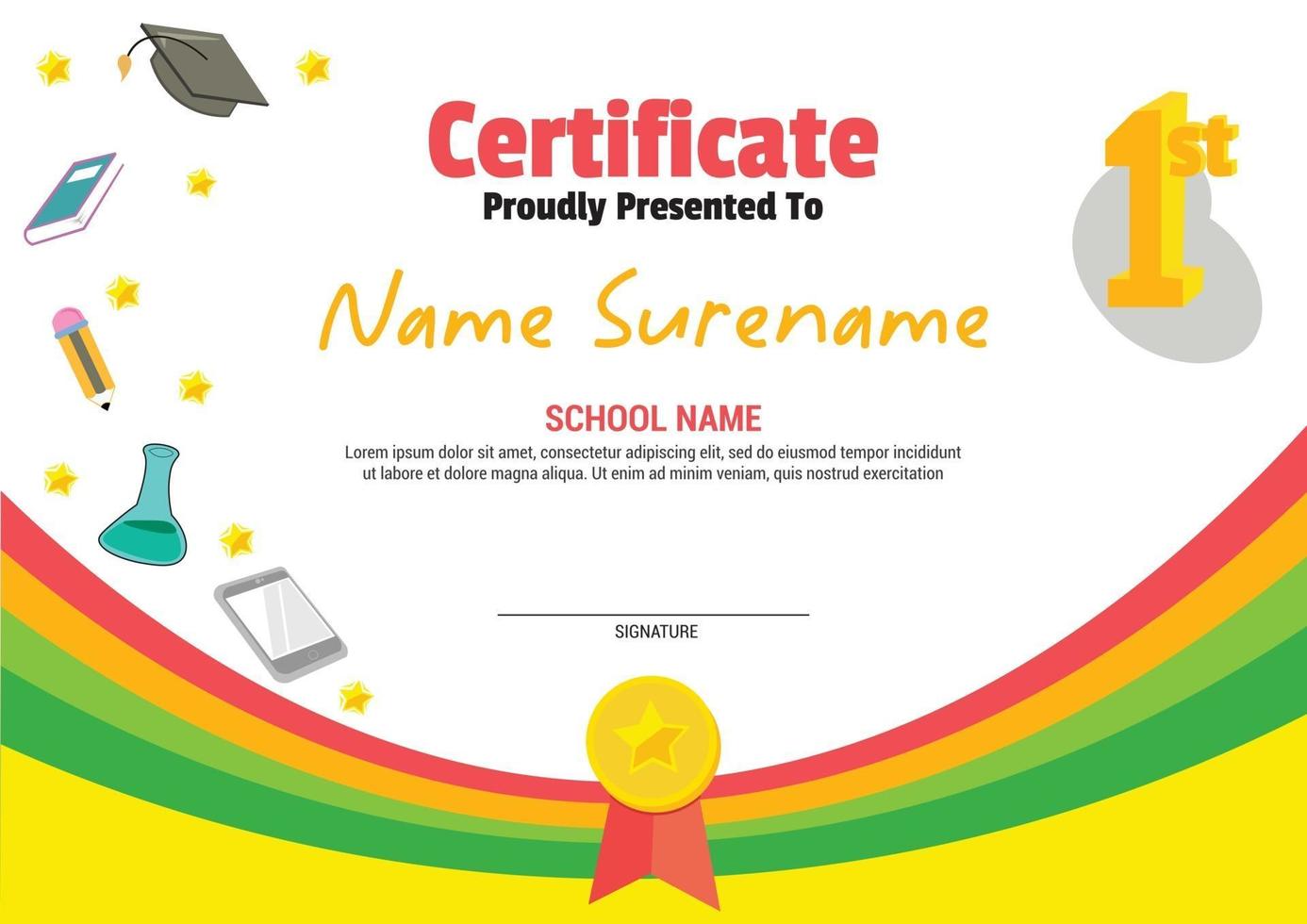 multi purpose school diploma template kids awards with medal vector