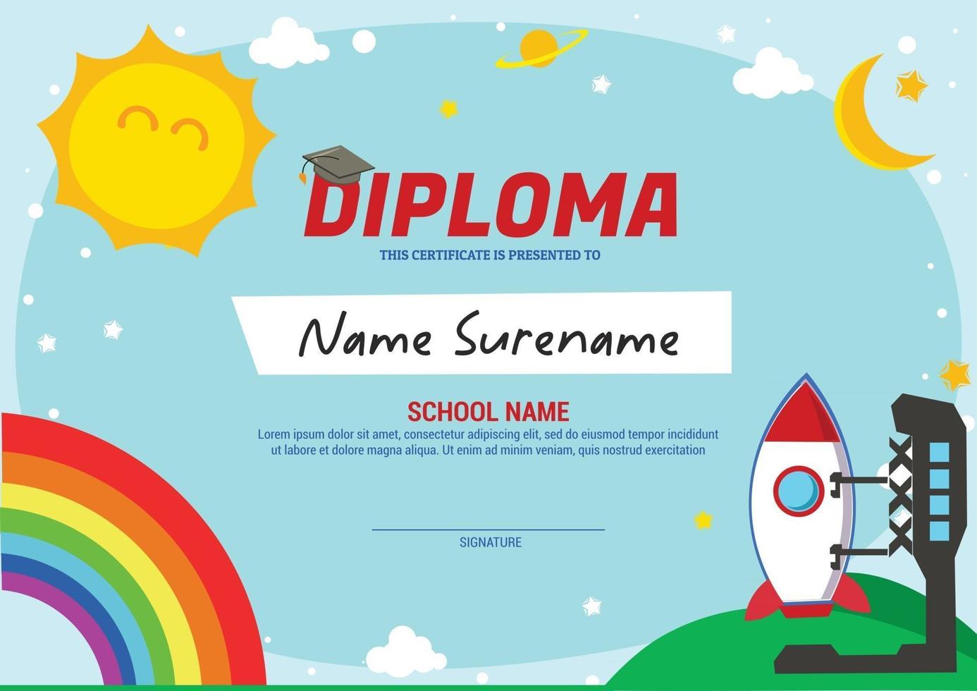 Plantilla de certificado de diploma para niños con cohete de aterrizaje vector