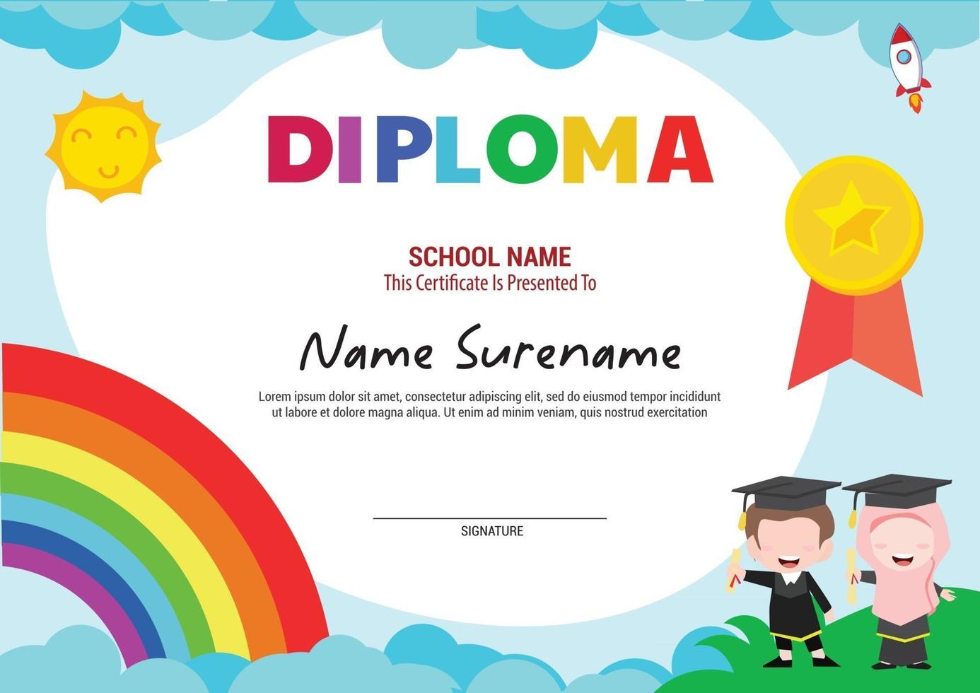 certificado de plantilla de diploma de escuela de usos múltiples niños con arco iris y cohete graduándose vector