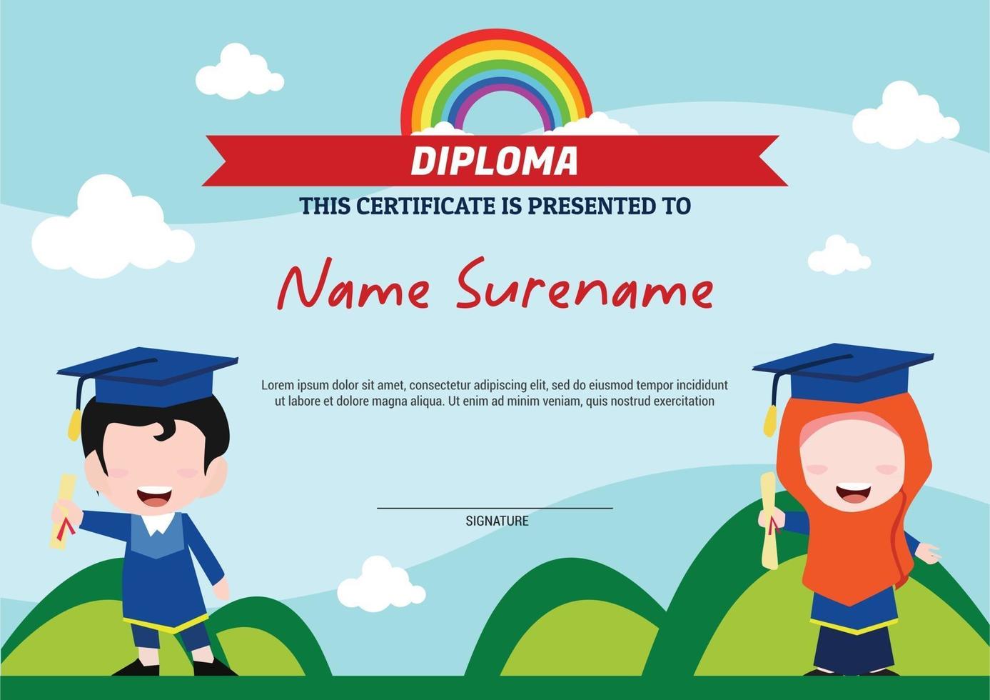 certificado de plantilla de diploma para niños musulmanes arcoiris vector