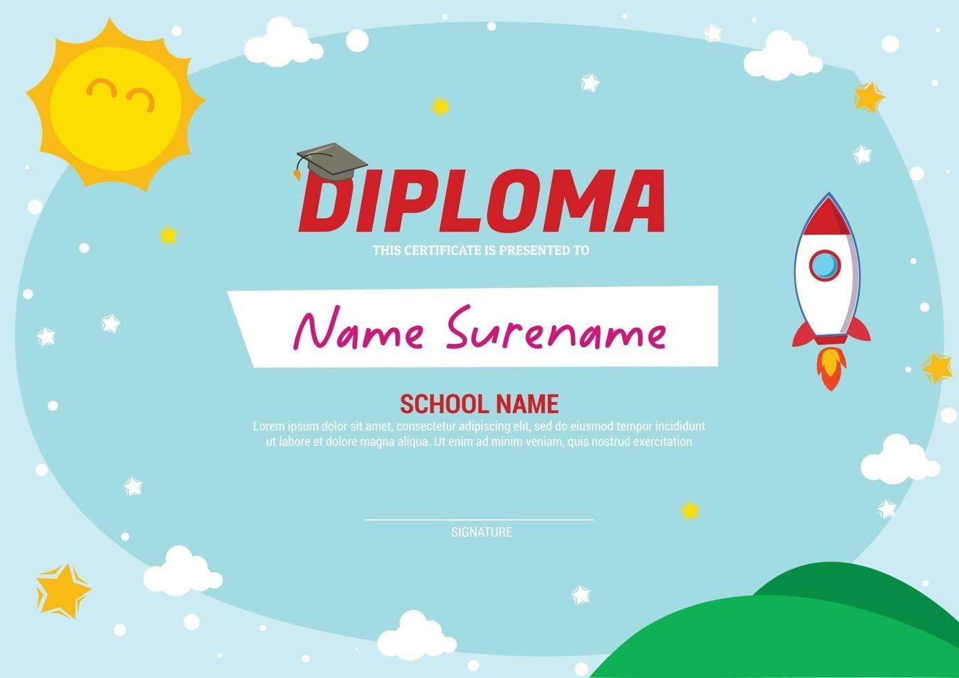 kids diploma certificate template with launch rocket vector