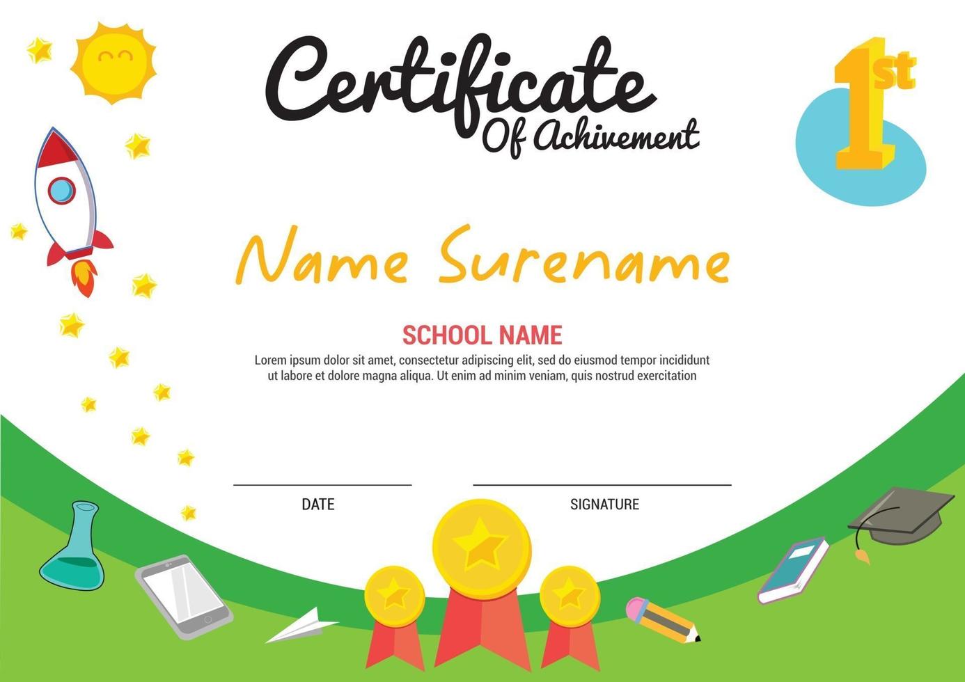 multi purpose school diploma template kids awards with medal number first vector