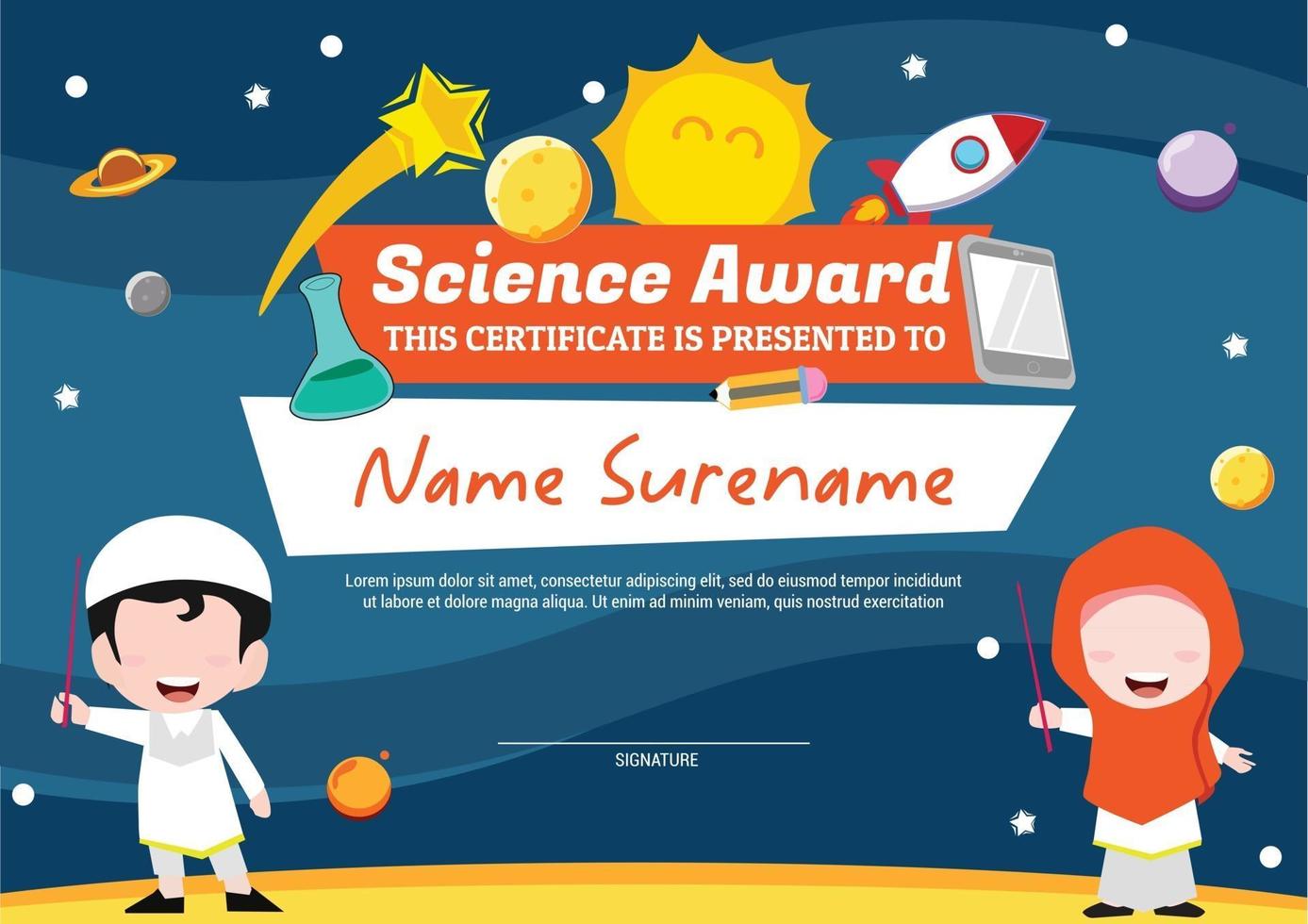Certificado de plantilla de premio de ciencia para niños multipropósito en el espacio. vector
