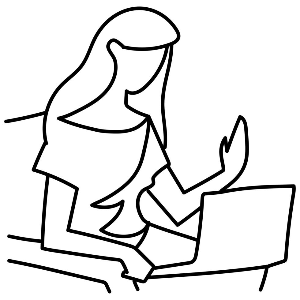 woman with laptop working, continuous line style vector
