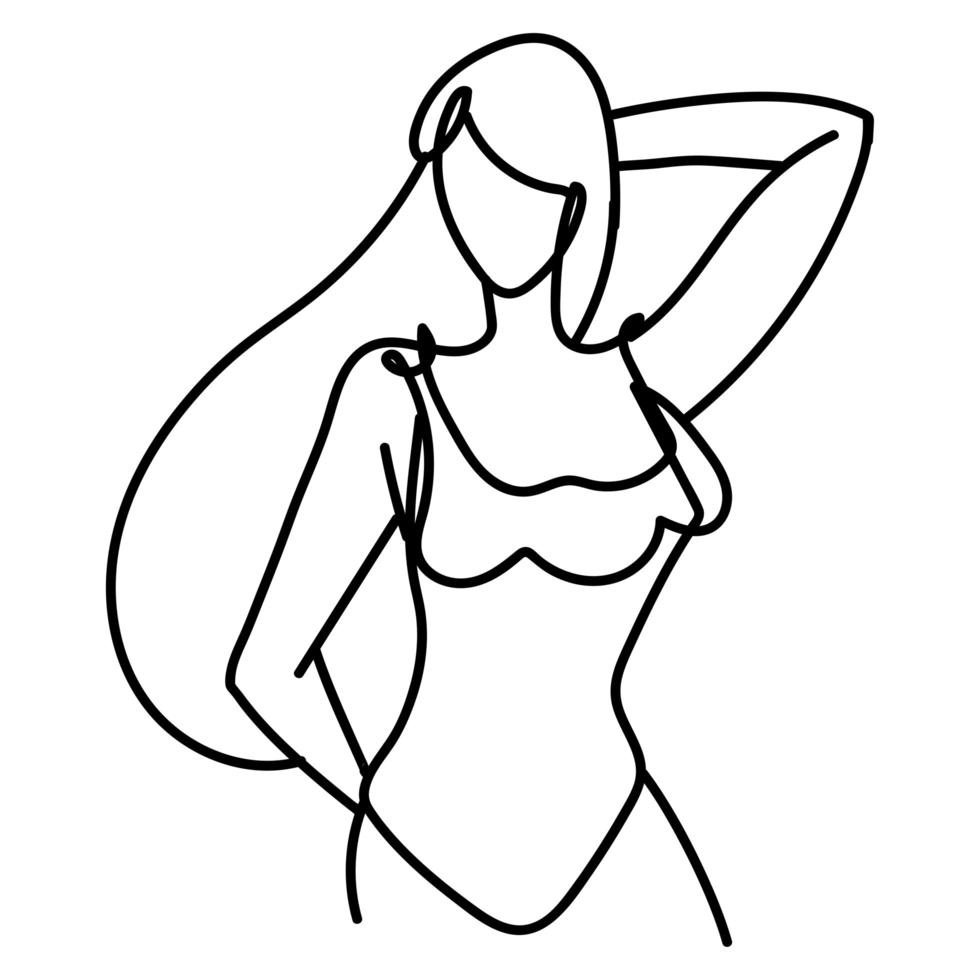 mujer con cabello largo posando gesto, estilo de línea continua vector