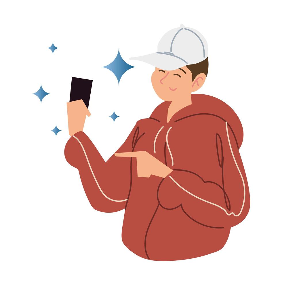 young man wearing sport cap with smartphone vector