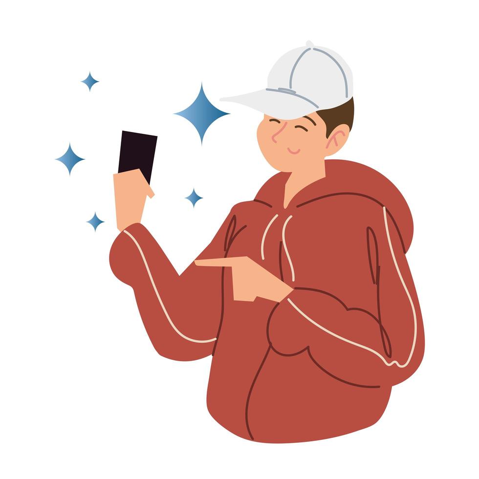 joven, llevando, gorra deportiva, con, smartphone vector